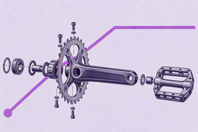 Technische Zeichnung einer Rennrad-Kurbel, dahinter eine ansteigende und dann abflachende Kurve