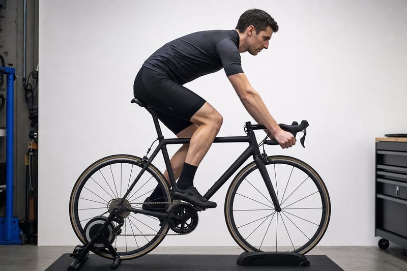 Fahrer streng seitlich auf einem stationären Rig beim Bikefitting, Hände im Unterlenker, Rücken flach